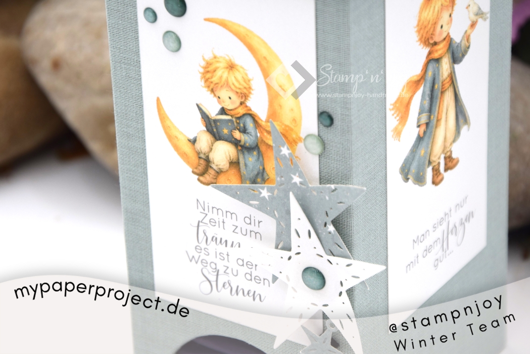 Preview: Teebeutelspender ca. 16,5x7,0x8,6cm | Einband Designpapier Sternenzauber | mint | Art. Nr. 97070601
